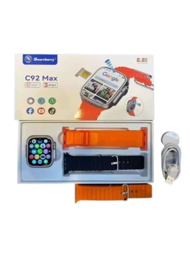 Smartbarry ساعة C92 ماكس الذكية بنظام أندرويد | شاشة تعمل باللمس كاملة 1.75 بوصة، دعم شريحة SIM، متتبع للياقة والصحة، مراقب لمعدل ضربات القلب والنوم، عداد خطوات، إشعارات ذكية - Image 2